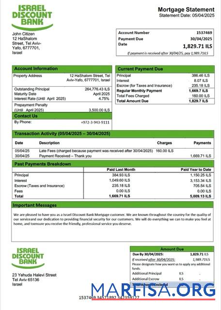 Realistic Israel Discount Bank mortgage statement Word and PDF template
